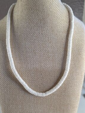 Vintage White Beaded Puka Shell Disk Necklace - Unisex Jewelry